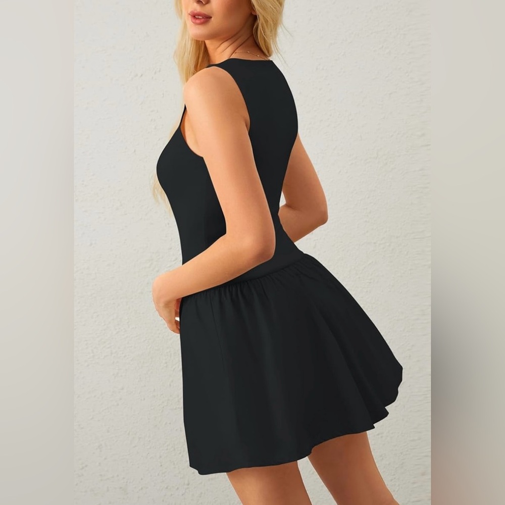CUTE🖤Black Shirt/Mini Bubble Skirt Ribbed Tank Dress🖤